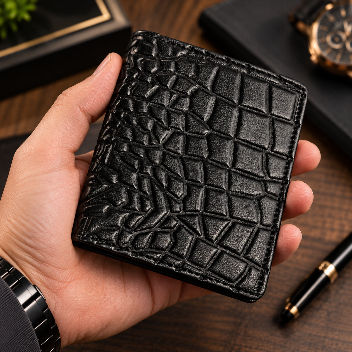 Men’s Premium Crocodile Texture Bifold Wallet – Stylish Leather-Style Wallet